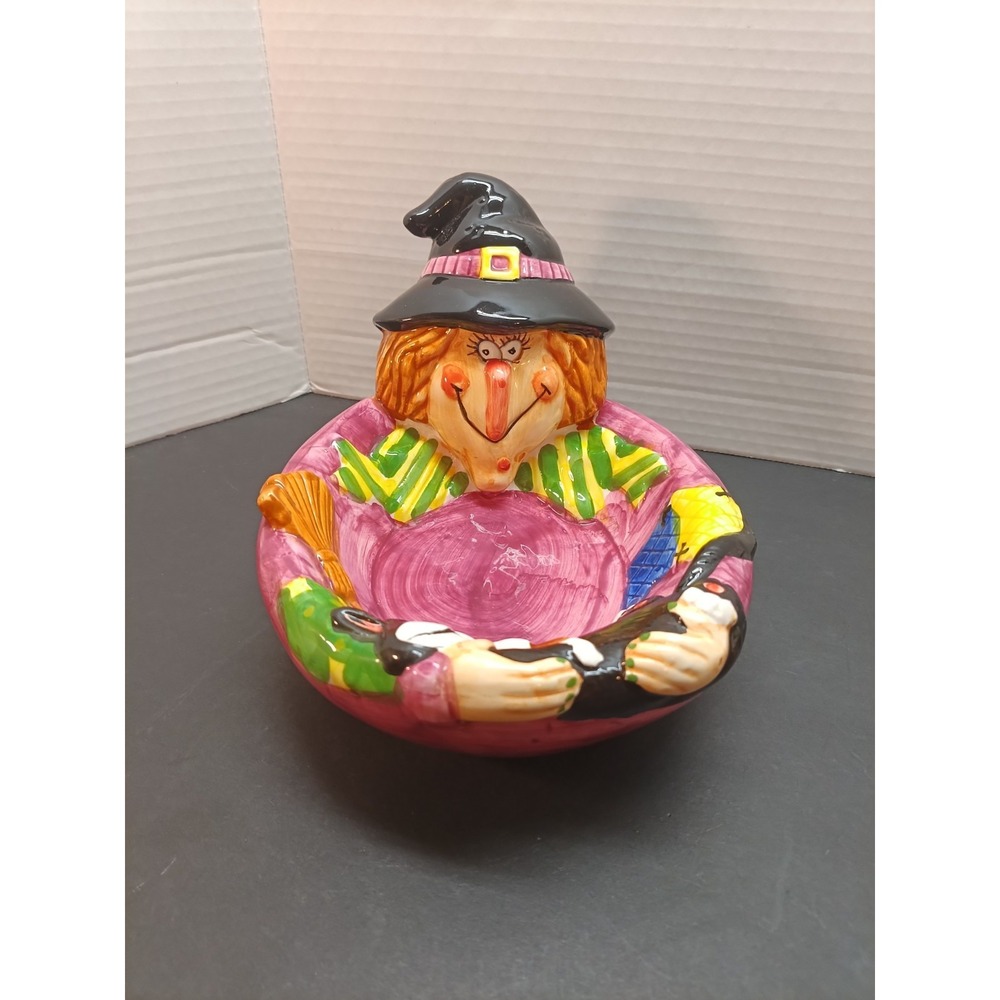 Vtg WCL Halloween Ceramic Witch Broom Black Cat Candy Bowl